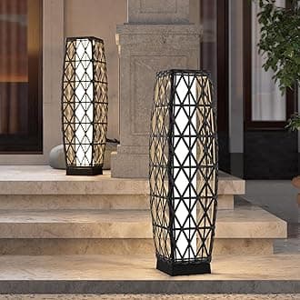 Grand patio 2-Piece Solar Outdoor Floor Lamp Solar Powered Wicker Lantern Outdoor Weather-Resistant Deck Light for Garden Porch Yard-Silver Gray, Large Cindy