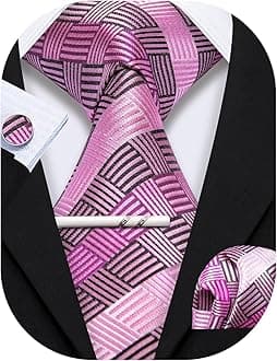 YOHOWA Men Plaid/Striped Ties Set Silk Business Wedding Formal Fashion Necktie and Pocket Square Cufflinks Set