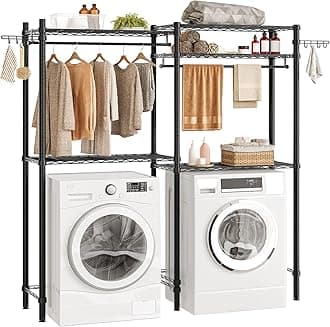 HOOBRO Over Washer and Dryer Storage Shelves, 5 Tier Laundry Room Standing Shelf with 2 Hanger Rods and Rotatable Hooks, Clothes Drying Rack, 63.4" W x 13.4" D x 76.7" H, Black BK05LR01