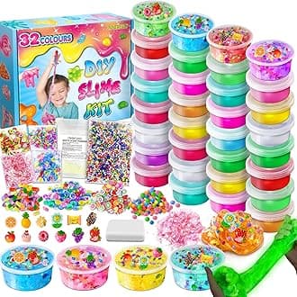32 Cups DIY Slime Kit, Slime Making Kit for Girls 10-12, Glow in The Dark, Crystal Clear Slime with Add-ins, Foam Balls, Charms, Party Favors Gift Toys for Kids