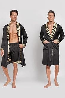 N&D Eyong Men's Luxurious Silk Feeling Bathrobes Long Sleeve Satin Kimono Robe with Shorts Sleepwear Set Printed Bathrobes…