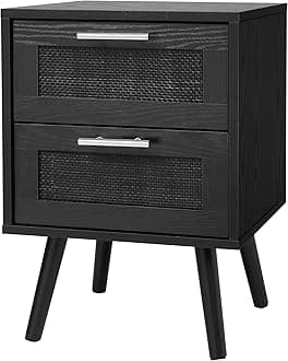 Finnhomy Nightstand, End Table, Side Table with 2 Hand Made Rattan Decorated Drawers, Wood Accent Table with Storage for Bedroom, Full Black