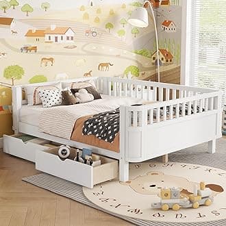 KEIKI Twin Size Wooden Floor Bed, Montessori Platform Bed Frame w/Large Storage Drawers, Low Profile & Safety Rails, Space Saving Kids Beds for Boys Girls Bedroom, No Box Spring Needed, White