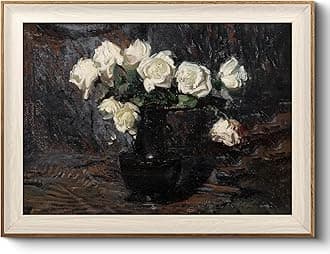 VIYYIEA Vintage Framed Canvas Wall Art, Waterproof Canvas Prints, White Roses in Vase, Holiday Gifts Wall Decor, Landscape Wall Prints, Abstract Art Wall Pictures, for home and office.