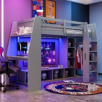SOFTSEA Twin Size Gaming Loft Bed with Desk & LED Lights, Solid Wood Loft Bed with Open Wardrobe and Storage Shelves, Twin Gaming Bed with Desk for Kids Teens Adults, Gray