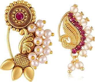 Vighnaharta Red CZ stone and Pearls moti Nath Nathiya./ Nose Pin for women[VFJ1172-1080NTH-PRESS-RED]