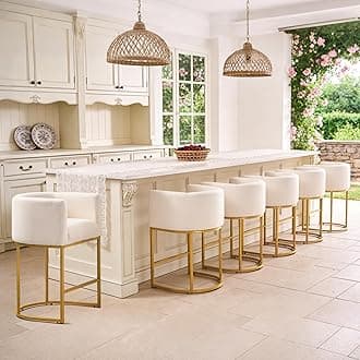 ClinQ 26" H Counter Height Bar Stools Set of 6, Modern Barrel Counter Stools with Backrest and Arms, Gold Metal Frames,Fabric Upholstered Accent Barstools for Kitchen Island, Beige Linen