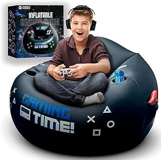 Inflatable Gaming Chair for Kids & Teens with Cup Holders and Side Pocket - This Air Gaming Bean Bag Chairs for kids is The Perfect Furniture for Gamer Room Decor - Perfect Gaming Stuff for boys 4-12