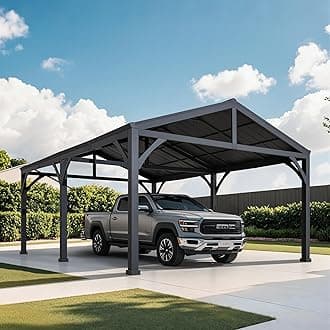 AutoCove 20 ft. x 14 ft. Heavy Duty Carport Garage Car Shelter, Outdoor Gazebo with Brown Polycarbonate Gable Roof and 2 Ceiling Hooks,Black