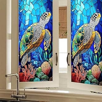 Stained Glass Window Film Colorful Sea Turtle Window Privacy Film Stained Decals Static Cling Sun Blocking Decor for Home Office Windows Doors Glass Partitions 17.7x39.3 inch