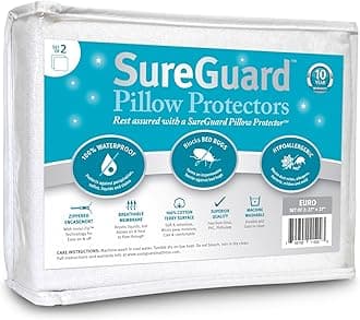 Set of 2 Euro Size SureGuard Pillow Protectors - 100% Waterproof, Bed Bug Proof, Hypoallergenic - Premium Zippered Cotton Terry Covers