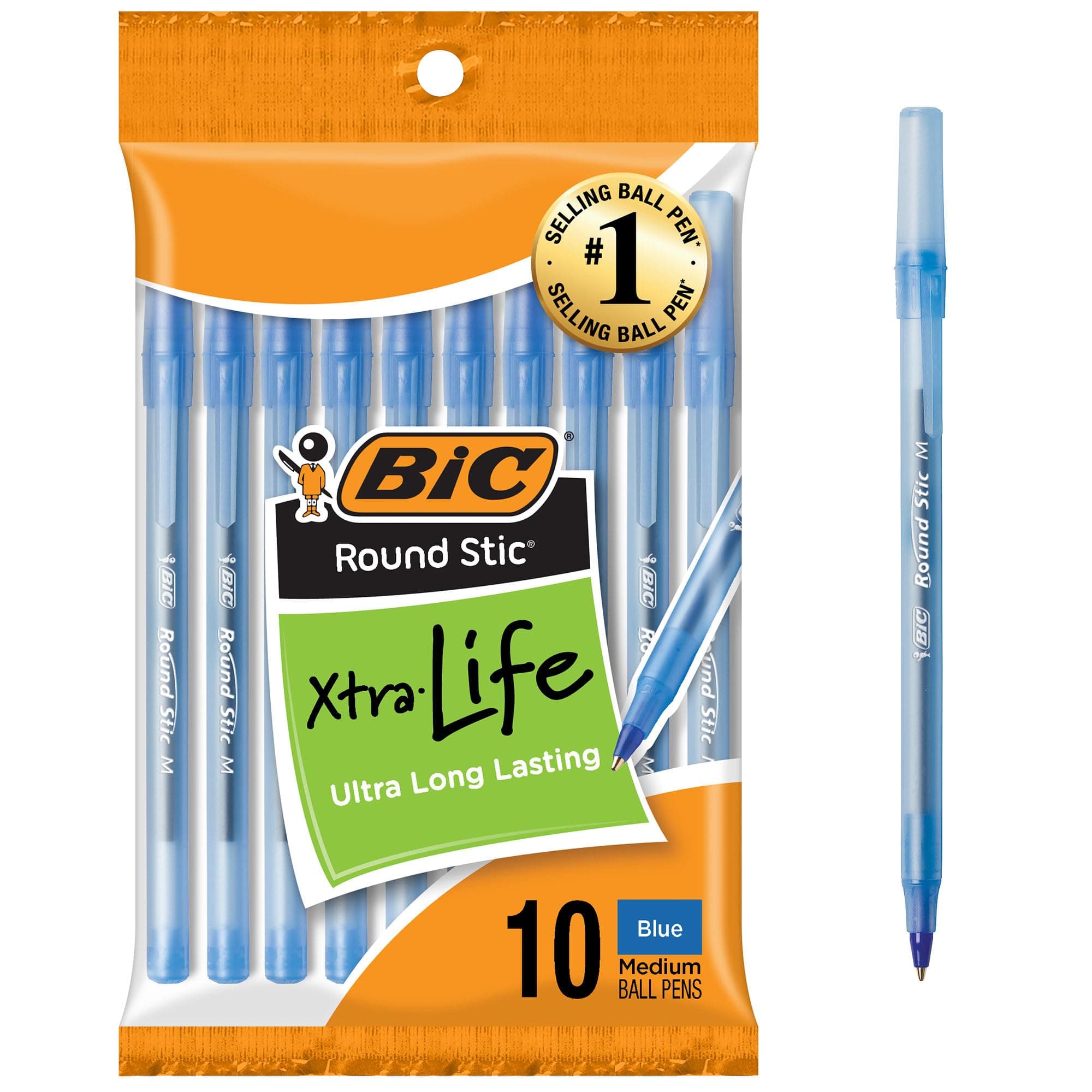 Round Stic Ball Pens, Medium Point, Blue, 10-Count