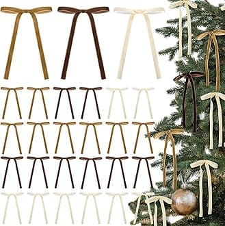 Brown,Beige 24 Pcs Velvet Bows Christmas Tree Ornaments Valentines Day Bows Decoration for Garland Home Coquette Wedding Decor (5 x 7 Inch,Width of 3/8",Khaki)