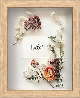 FrameWorks 8” x 10” Natural Oak Wooden Shadow Box Frame – Display Case with Soft Felt Back, Memory Box with Tempered Glass, Display Box with Elegant White Ball Push Pins, Wooden Flower Box
