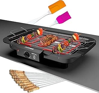 2000W Electric Barbecue Grill, Smokeless Portable Indoor Outdoor BBQ Grill with Adjustable Temperature Control and Removable Water Drip Tray (Stick & Spatula), Multicolor