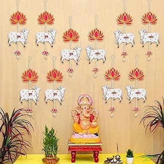 eCraftIndia Lotus, Cow, Pink Tassel Style Shubh Labh Hanging for Diwali Ganesh Chaturthi Navratri Decoration| Floral Wall Hangings for Home Temple Main Door Entrance|Diwali Decoration Items| Pack of 5