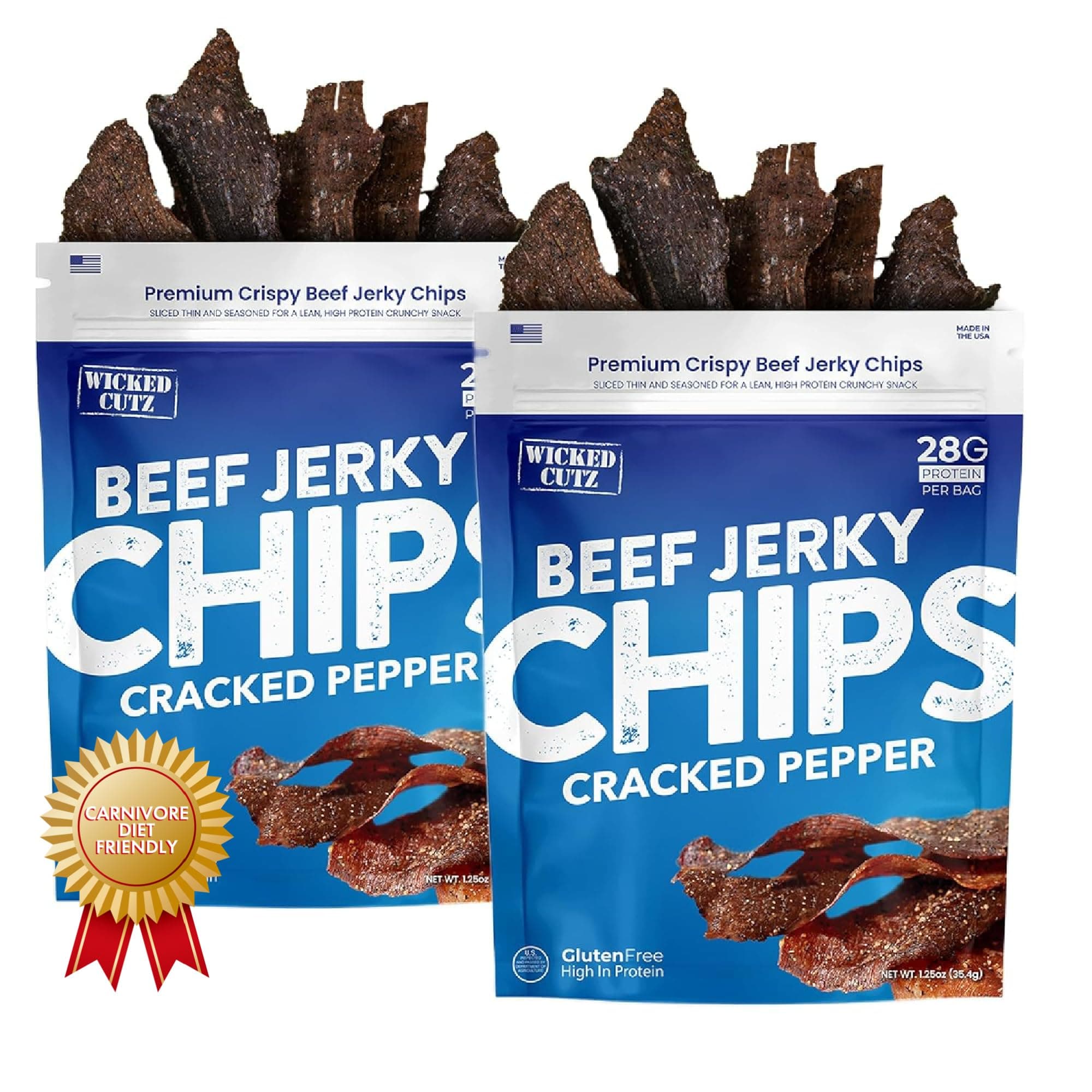 Cracked Pepper Beef Jerky Chips, 28g Protein per Bag, Crispy & Crunchy Beef Jerky Crisps, USA Made Pepper Flavored Chips, High Protein Carnivore Snacks (2 Bags)