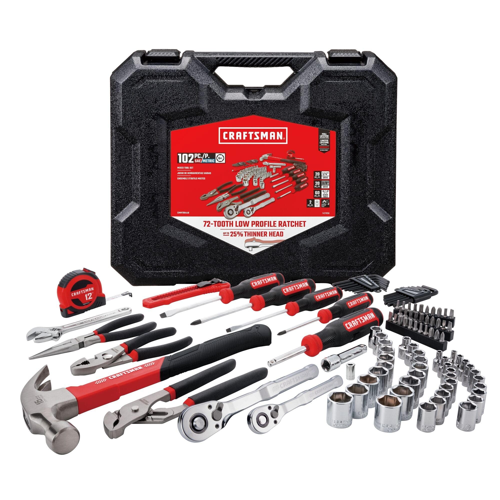 Mechanics Tool Set, 102 Piece Hand Tool and Socket Set SAE/Metric (CMMT99449)