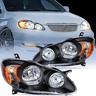 Headlight Assembly for 2003 2004 2005 2006 2007 2008 Toyota Corolla Headlamps Replacement Black Housing Amber Reflector Driver and Passenger Side