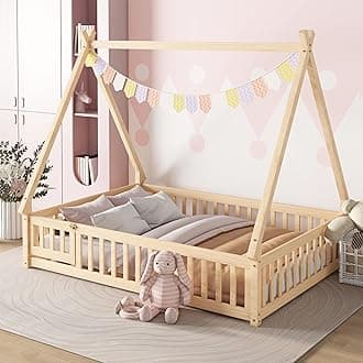 Tent Floor Bed for Kids Full Size Montessori Floor Bed with Slats and Guardrails Wood Teepee Bed Frame with Fence and Door for Boys Girls, Natural