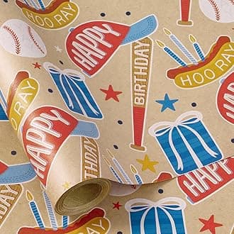 RUSPEPA Baseball Birthday Wrapping Paper Roll for Boys - 17 Inches x 16.4 Feet - Durable Kraft Paper with Vibrant Print - Ideal for Boys' Sports-Themed Birthday Gifts and Celebrations