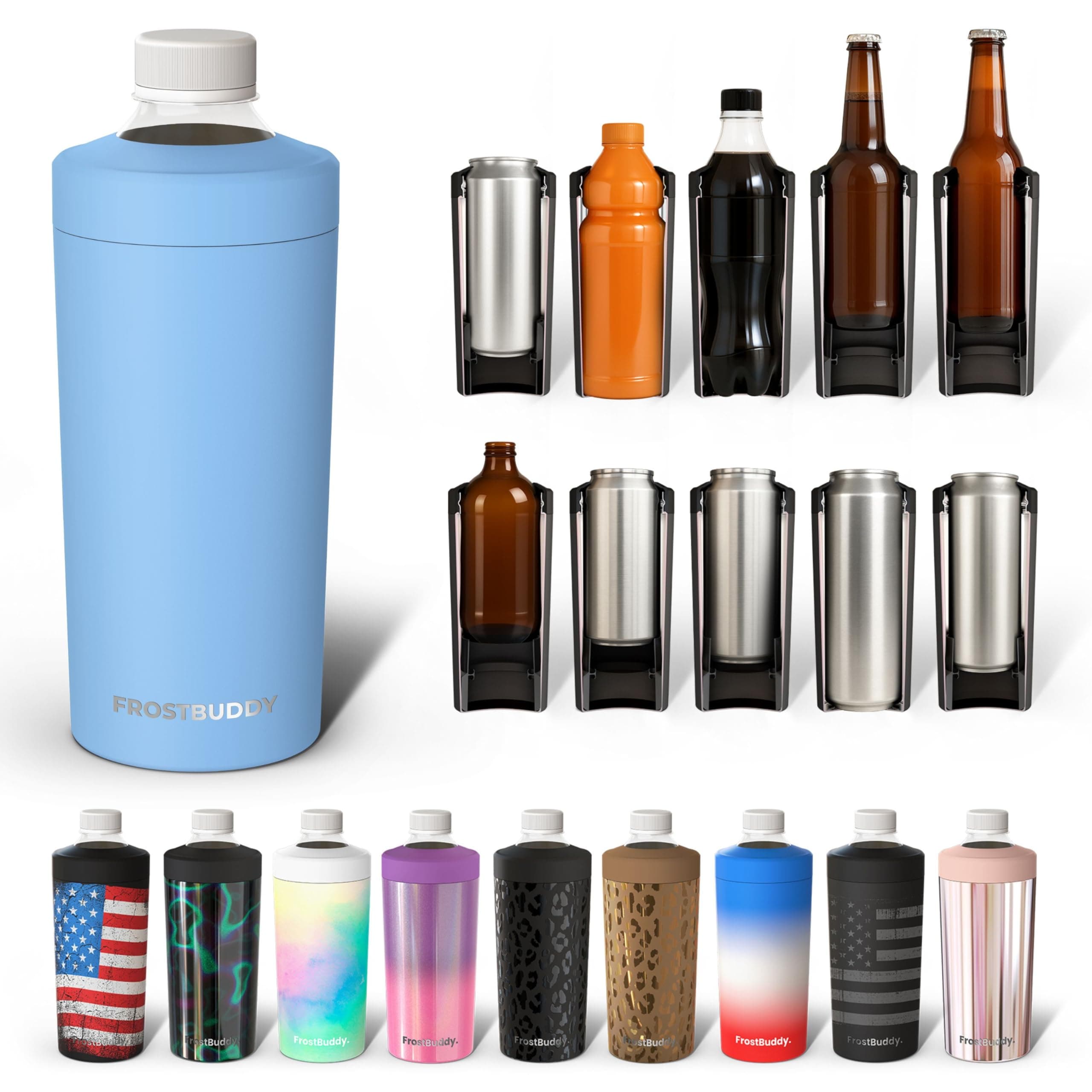 Universal Buddy XL Can Cooler by Frost Buddy - Fits 12-ounce, 16-ounce, 20-ounce, and 24-ounce Cans and Bottles - Keep Your Drinks Refreshingly Chilled for over 12 hours. (Baby Blue)