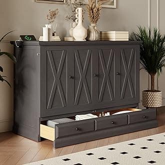 Harper & Bright Designs Queen Size Murphy Bed, Solid Pine Queen Murphy Frame Chest Cube Cabinet Bed with Charging Station and Large Drawer for Home Office or Small Room, Gray