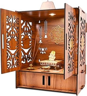 Wooden Temple Mandir for Home with Door Cabinets | Beautiful Pooja Unit with Storage Space | with LED Light and Wall Mounts | Elegant Pooja Mandir for Home Big Size(H-17.3, L-11, B-10.6 inch)
