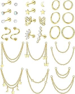 20G Cartilage Earrings Set For Women Men Stainless Steel Small Huggie Hoop Earring Flatback Star Moon Butterfly CZ Cartilage Stud Earrings Chain Dangle Cartilage Helix Tragus Piercing Jewelry