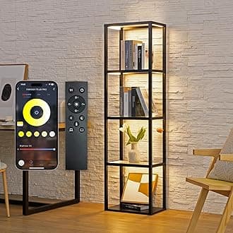 FENLO Fantasy Plus 66" Luxury Glass Display Shelf with Dimmable LED Floor Lamps, Sturdy Curio Cabinet with Bookcase Display Shelves for Bedroom, Open Bookshelf, Black