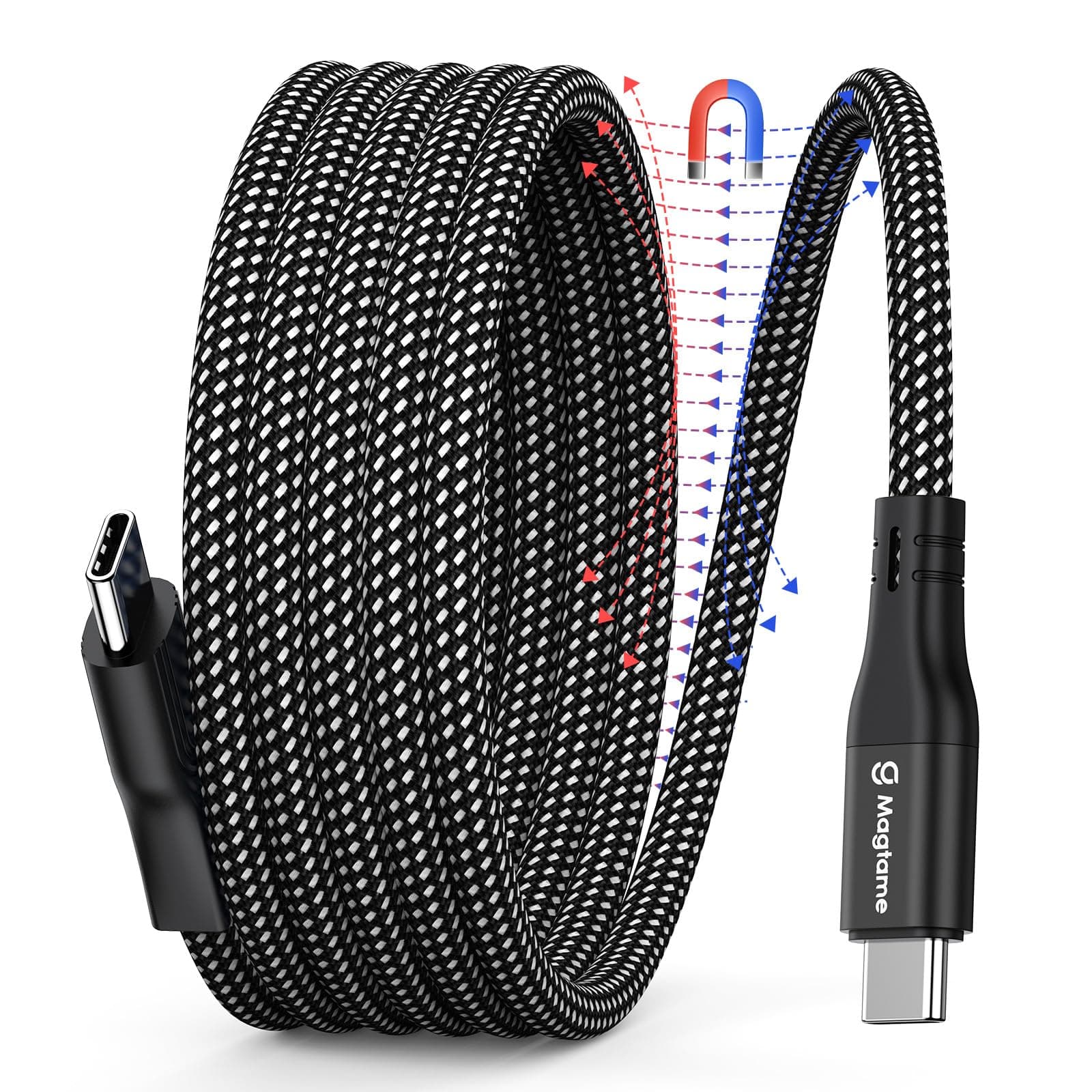 Magtame Magnetic USB C Cable, Coiled USB C to USB-C Cable 60W(3A), 1M Retractable USBC Cord, Nylon Braided Type C Fast Charging Cables Compatible with iPhone 15 16,for Samsung,Pad,USBC Device, Black