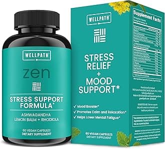 Zen Stress Relief Supplement + Mood Support | Calm, Stress & Energy Support | Ashwagandha Root, Rhodiola Rosea, L-Theanine, Lemon Balm | Herbal Capsules, 60 Ct