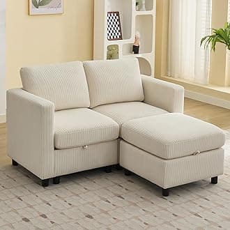 58”Modular Sectional Loveseat Sofa with Storage, Comfy Office L Shaped Sofa Couch, Corduroy Love Seat Modular Sectional Couch with Movable Ottoman for Living Room, Bedroom, Beige