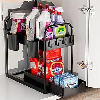 GEMWON Under Sink Storage Kitchen Organiser, 2 Tier Sliding Kitchen Storage Under Sink shelf, Multi-Purpose Organisation for Bathroom, Bottom Slide Out Basket Black