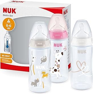 First Choice+ Baby Bottles Set | 0-6 Months | Temperature Control | Anti Colic Vent | 300 ml | BPA-Free | Silicone Teat | 3 Count | Pink Giraffe
