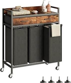 Laundry Sorter 3 Section Laundry Hamper with Shelf, Durable 3 Section Laundry Basket with Rolling Wheels & Storage Drawers, 3 x 13.26 Gallons (50L), Rustic Brown PF09XLY