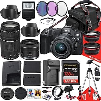 Canon EOS R8 Mirrorless Camera with 24-50mm and 75-300mm Lens + 128 GB Memory + Hood + Spare Travel Charger + Filters + Tripod + More (32pc Bundle), Black (Renewed)