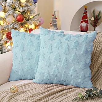 DFXSZChristmas Tree Pillow Covers 18x18 inch Set of 2 Christmas Decoration Blue Soft Plush Faux Fur Jacquard Throw Pillows for Bedroom Sofa Holiday Festivals Winter Home Decor PTK006F18