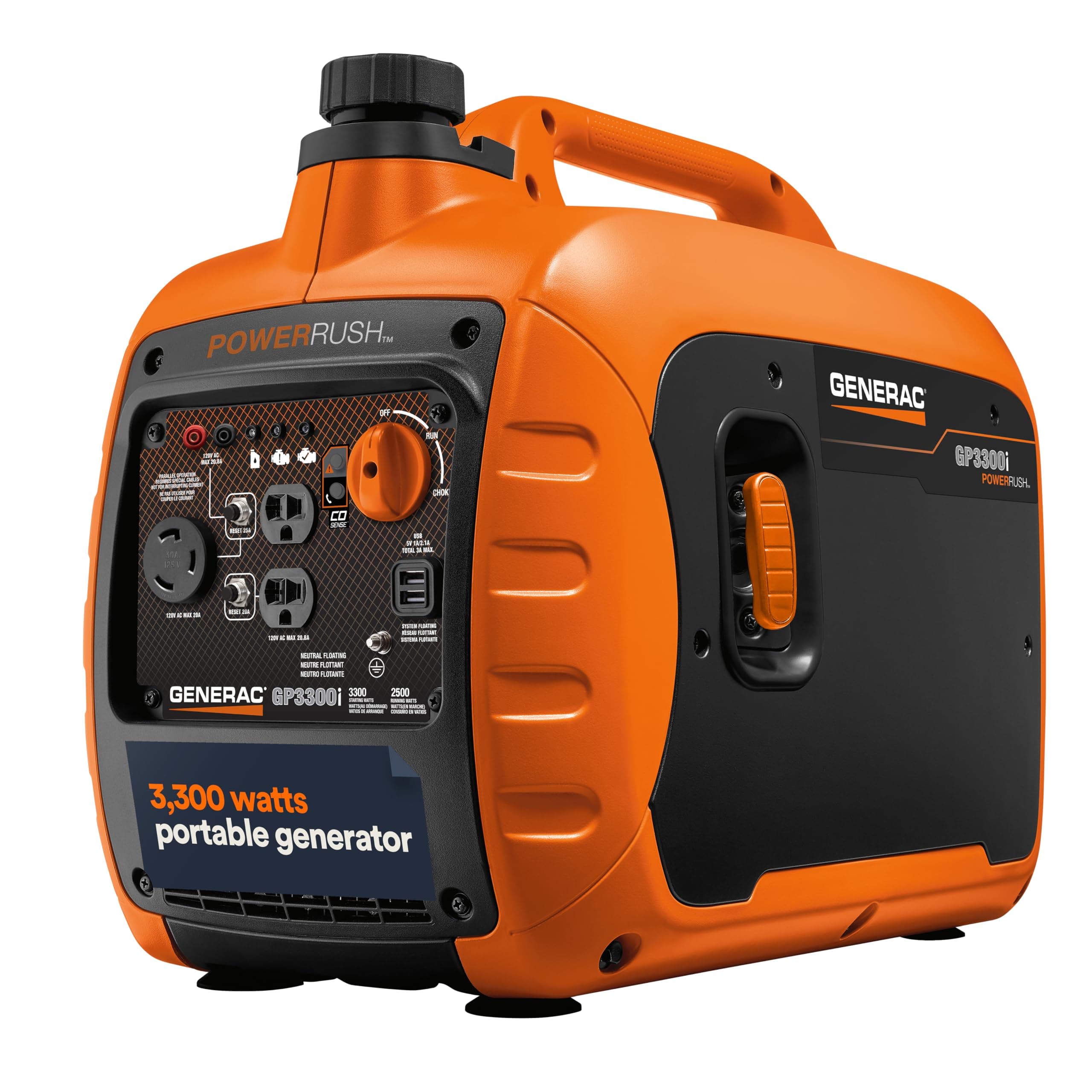 7153 GP3300i 3,300-Watt Gas-Powered Portable Inverter Generator - Lightweight Design - USB Ports for Mobile Device Charging - COsense Technology - CARB Compliant, Orange/Black