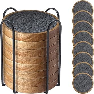 Eykao Coasters for Drinks Absorbent Sets of 8, Woven Coasters with Holder, Wood Coasters for Coffee Table, Housewarming Gift for Farmhouse Home Decor, 4 inches Gray