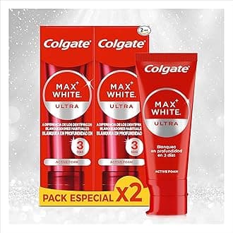 Colgate Max White Ultra Active Foam Toothpaste, At Home Whitening Toothpaste Clinically Proven Whiter Teeth in 3 Days*, Toothpaste Multipack, 2 Pack, 75ml Tubes