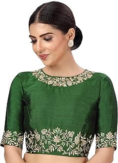 Studio Shringaar Women's Readymade Art Silk Embroidered Saree Blouse with Elbow Length Sleeves