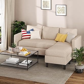 Shintenchi Small Sectional Couch Sofas, 3 Seat L Shape Sofa with Ottoman, Fabric Upholstered Convertible Sofa Couches, Small Couch for Apartments, Living Room and Office (Beige)