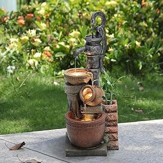 LuxenHome 32.3" H Farmhouse Well Water Pump and Pots Resin Fountain with LED Lights Multi Pots Outdoor Water Fountain, Outdoor Water Fountains Garden Statue