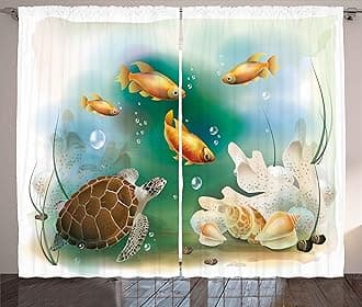 Turtle Curtains by Ambesonne, Artistic Ocean Life Illustration Aquarium Tropical Animals Goldfishes and Seashells, Living Room Bedroom Window Drapes 2 Panel Set, 108W X 90L Inches, Multicolor