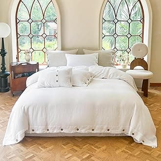 Simple&Opulence 100% Linen Bed Cover Duvet Cover Set 3pcs with Coconut Button Closure Natural French Washed Flax Solid Color Soft Breathable Farmhouse Bedding - White, King Size
