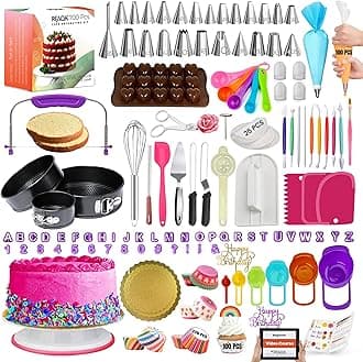RFAQK 700PCs Cake Decorating Kit with Baking Supplies - Cake Decoration Set with Springform Pans, Cake Leveler, Turntable Stand, Numbered Piping Tips, Icing Spatulas, Fondant Tools & much more