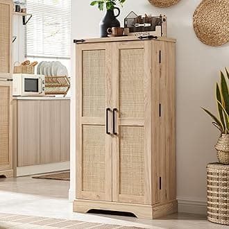 47" Kitchen Pantry with Natural Rattan Doors, Storage Cabinet with Organizer and Adjustable Shelves, Wicker Cupboard for Kitchen, Dining Room, Bathroom and Hallway, Natural Oak