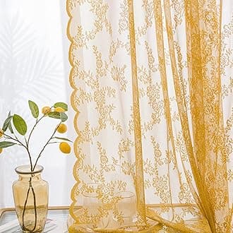 Deeprove Gold Lace Sheer Curtains 45 inches Length 2 Panels Set, Florals Embroidery Vintage Window Treatment Pair Decor Drapes for Fall Boho Farmhouse Bedroom Living Room, Rod Pocket, W57 x L45
