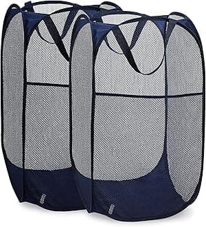 Handy Laundry Collapsible Mesh Pop Up Laundry Hamper 2-Pack – Large Foldable Laundry Basket with Side Pocket, Breathable & Durable, Space-Saving for Clothes, Toys, Travel, Dorm, Bedroom, Blue